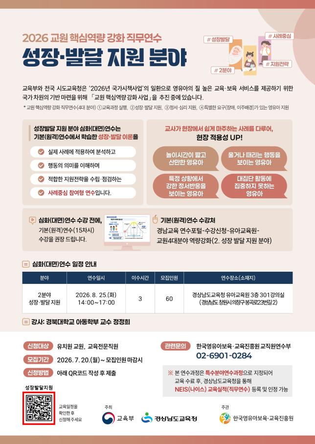 2026년 교원 핵심역량 강화 직무연수
과정명: 성장·발달 지원, 일시 2026. 8. 25.(화) 14:00 ~ 17:00, 장소: 유아교육원 301강의실, 시수: 3, 대상: 공사립 유치원 교원 60명
신청기간: 2026. 7. 20.(목) 14:00 - 8. 11.(화) 18:00(선착순)